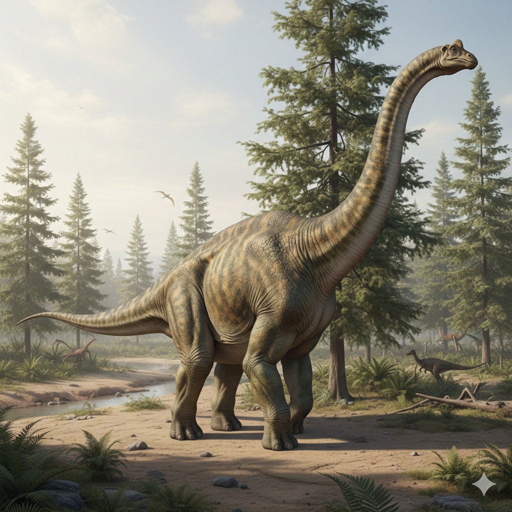 Scientifically accurate reconstruction of Brachiosaurus altithorax in a Late Jurassic woodland floodplain with correct forelimb dominance, elevated shoulders, and natural quadrupedal stance.