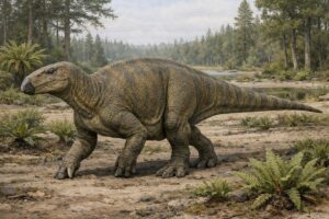 Life reconstruction of Iguanodon in a quadrupedal walking posture, illustrating its robust body, beaked skull, and distinctive thumb spike (pollex ungual) within an Early Cretaceous floodplain environment.