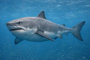 Scientific reconstruction of the extinct giant shark Otodus megalodon swimming in open ocean, showing a robust barrel-shaped body, broad triangular serrated teeth, muted countershading, and powerful crescent tail.