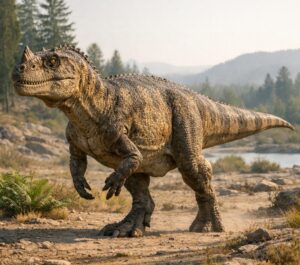 Side-view reconstruction of Ceratosaurus nasicornis walking through a conifer woodland, showing a bipedal carnivorous dinosaur with a prominent nasal horn, small hornlets above the eyes, short forelimbs, and a long tail.