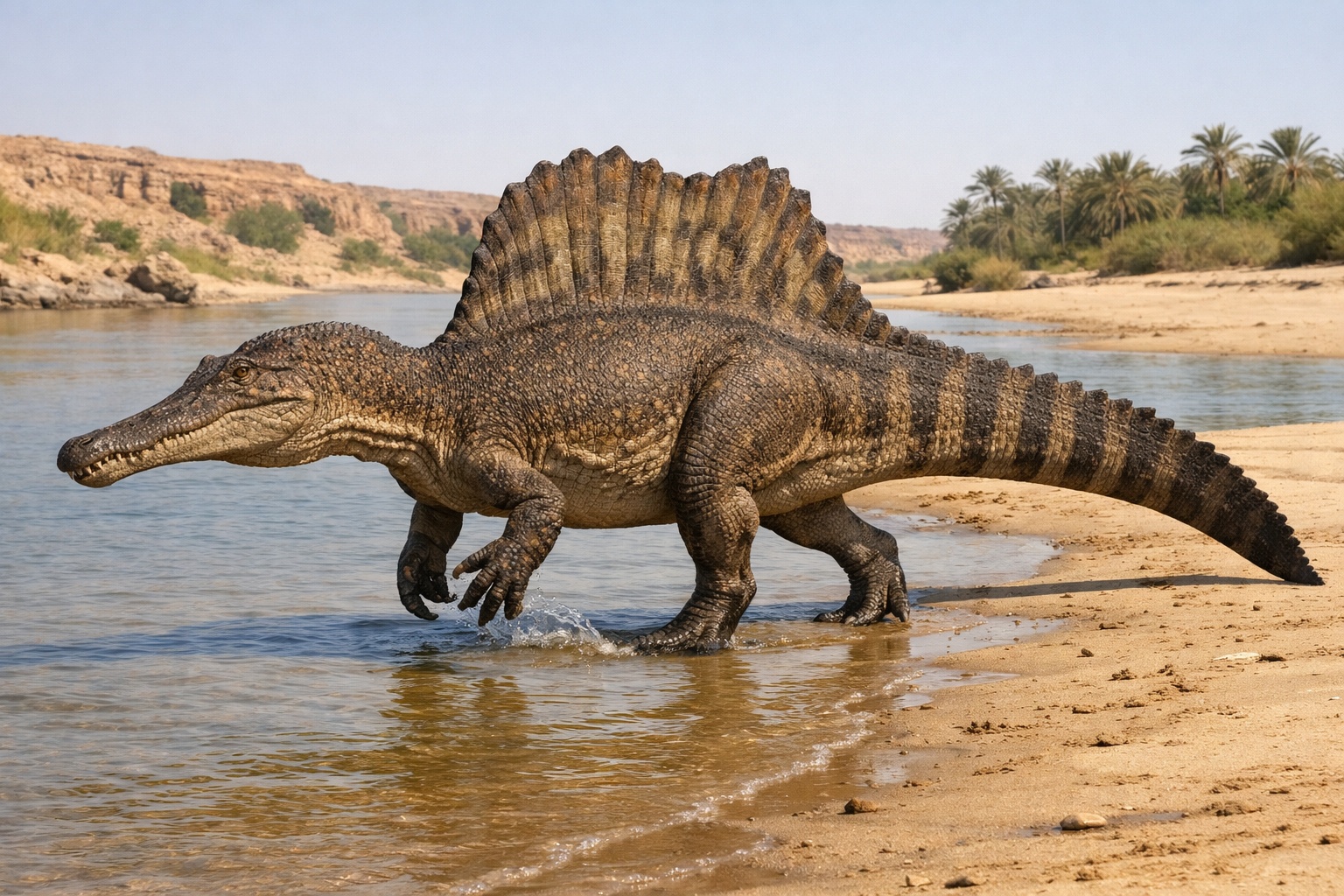 Scientifically accurate reconstruction of Spinosaurus aegyptiacus wading in a Late Cretaceous river with paddle-shaped tail, low-slung body, and semi-aquatic proportions.