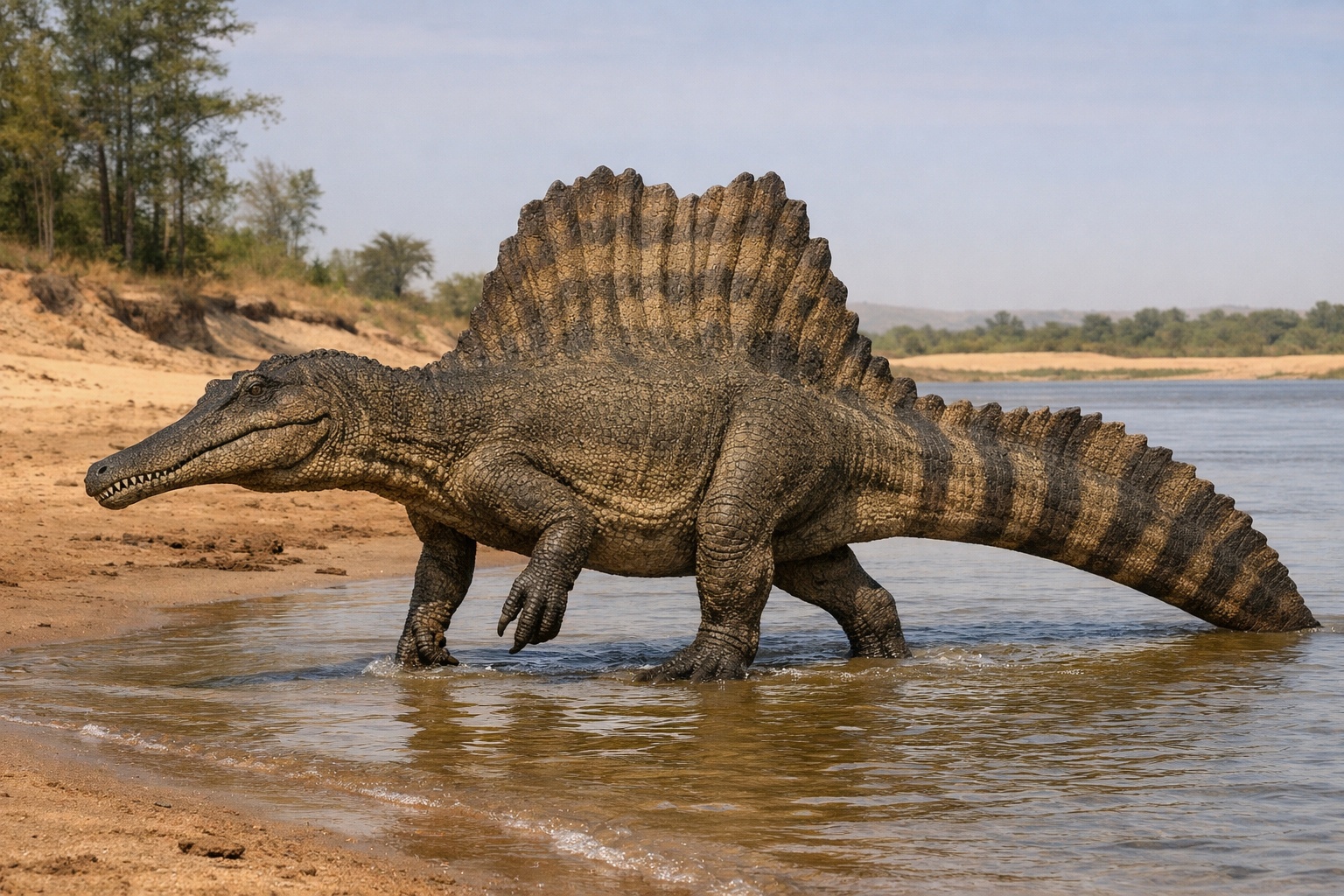 Scientifically accurate reconstruction of Spinosaurus aegyptiacus wading in a Late Cretaceous shoreline with paddle-shaped tail, low-slung body, and semi-aquatic proportions.