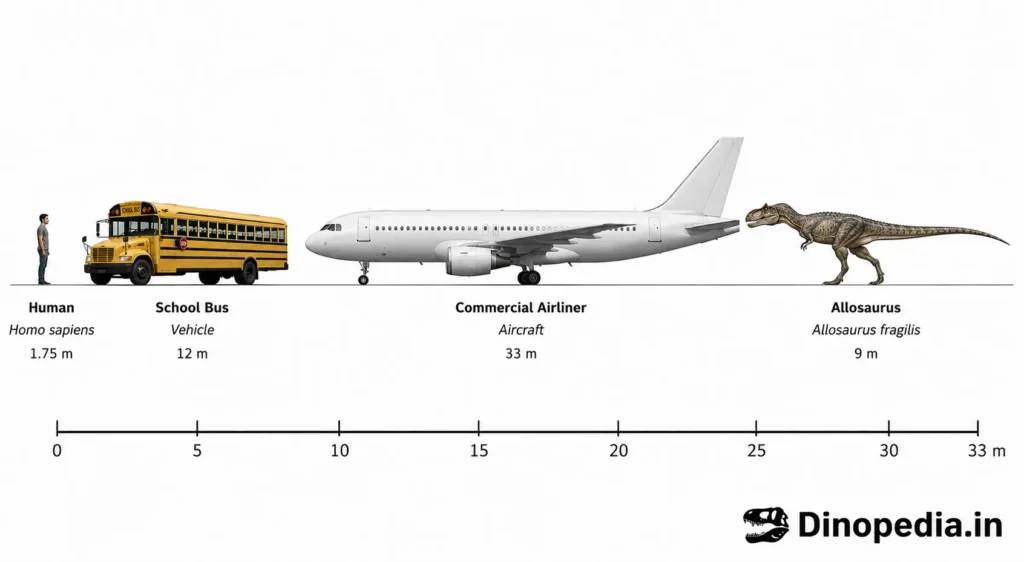 Scientific size comparison showing a human, school bus, commercial airliner, and Allosaurus to illustrate the dinosaur’s 9 metre length