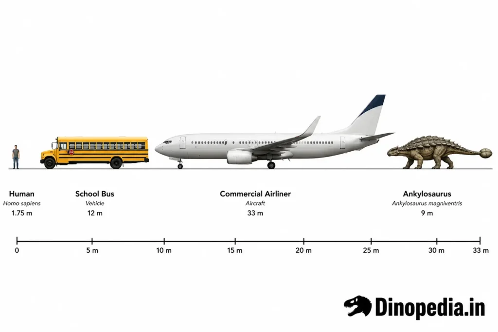 Scientific size comparison showing a human, school bus, commercial airliner, and Ankylosaurus to illustrate the dinosaur’s 9 metre length