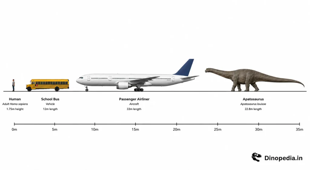 Scientific size comparison chart showing an Apatosaurus alongside a human, school bus, and passenger airliner