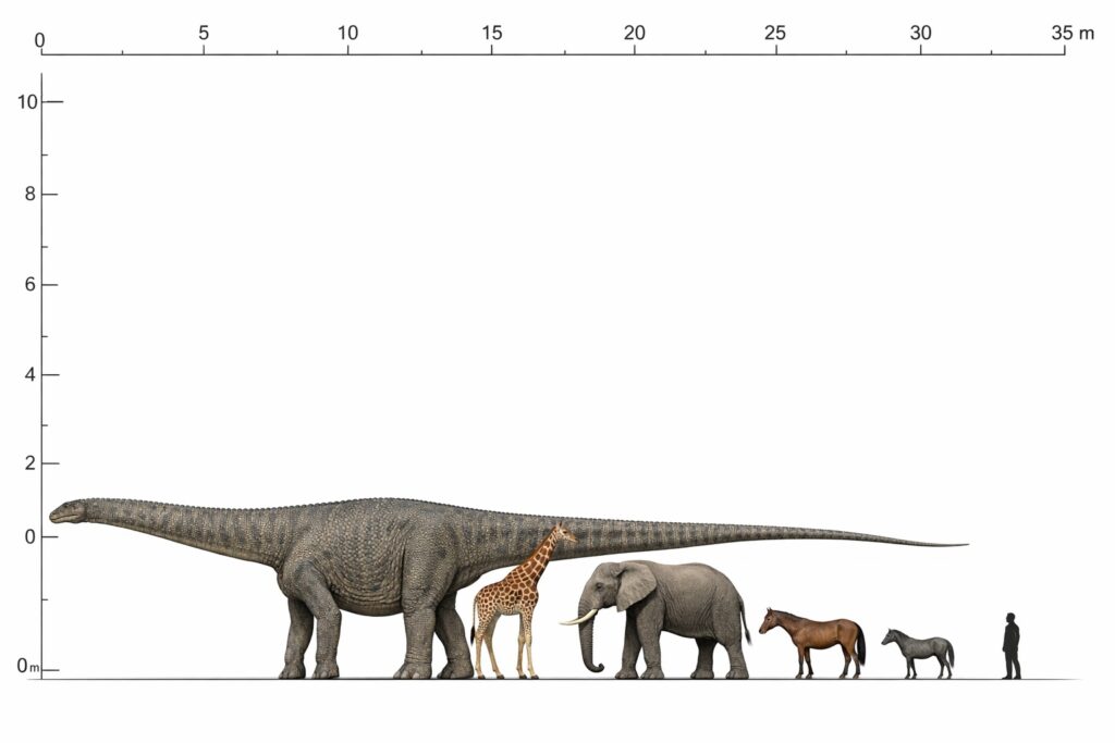 Scale comparison showing Argentinosaurus huinculensis alongside a giraffe, African elephant, horse, zebra, and human silhouette, with a metric length scale up to 35 meters.