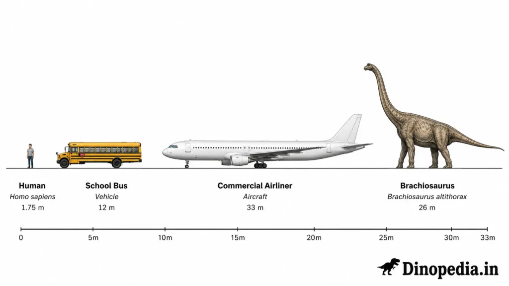 Scientific size comparison showing a human, school bus, commercial airliner, and Brachiosaurus to illustrate the dinosaur’s 26 metre length