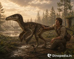 Illustration of a feathered Deinonychus in an Early Cretaceous floodplain with an explorer crouching beside it