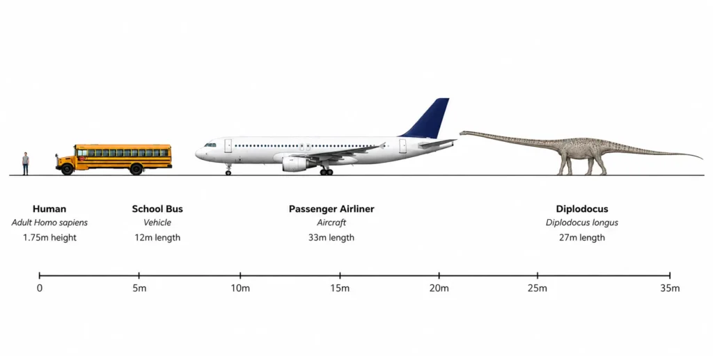 Scientific size comparison chart showing a Diplodocus alongside a human, school bus, and passenger airliner