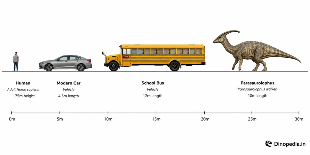 Scientific size comparison chart showing a Parasaurolophus alongside a human, modern car, and school bus