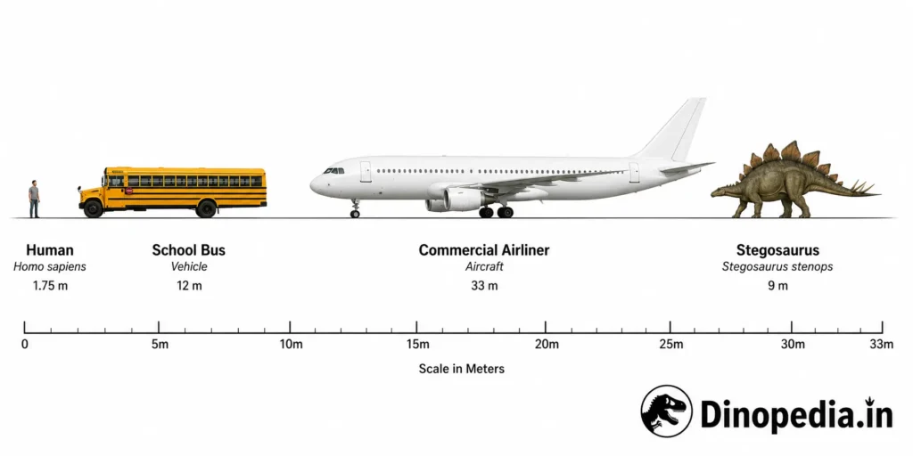 Scientific size comparison showing a human, school bus, commercial airliner, and Stegosaurus to illustrate the dinosaur’s 9 metre length