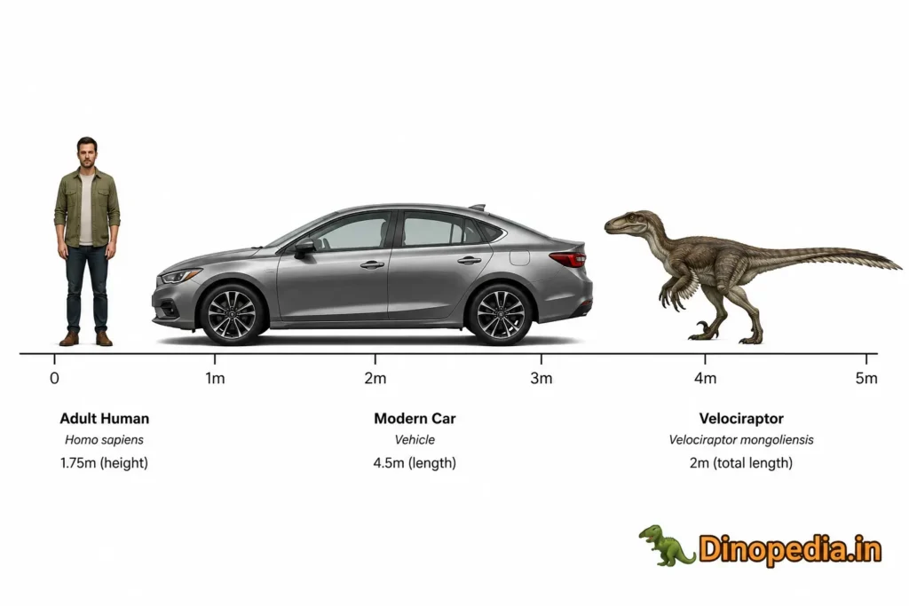 Scientific size comparison illustration showing an adult human, modern car, and feathered Velociraptor to scale on a white background with a 0–5 metre metric scale bar.