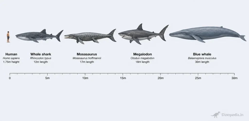 Size comparison of a human, whale shark, Mosasaurus, Megalodon and blue whale