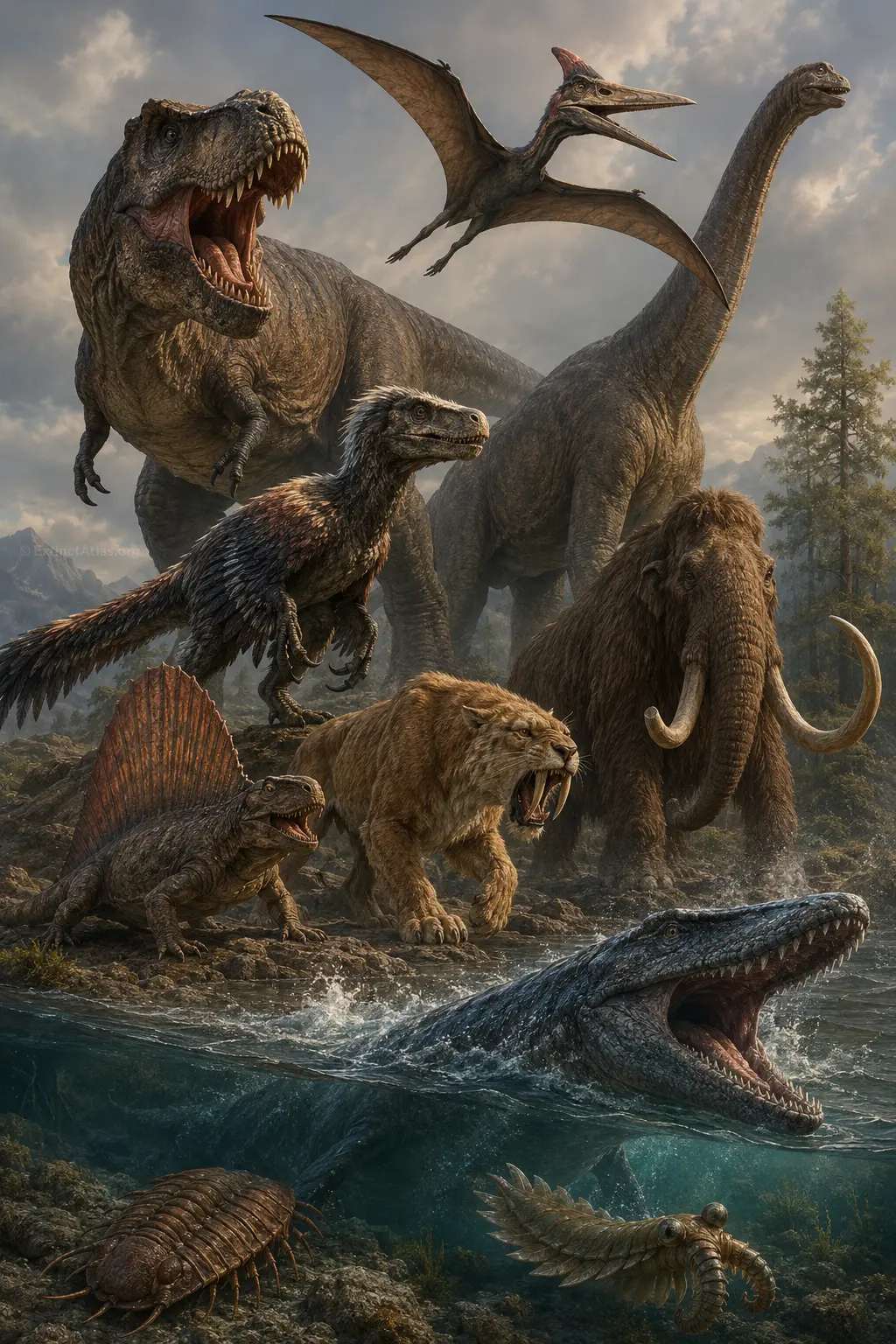 “Scientific-style portrait artwork showing multiple extinct prehistoric species from dinosaurs to Ice Age mammals and ancient marine life.”